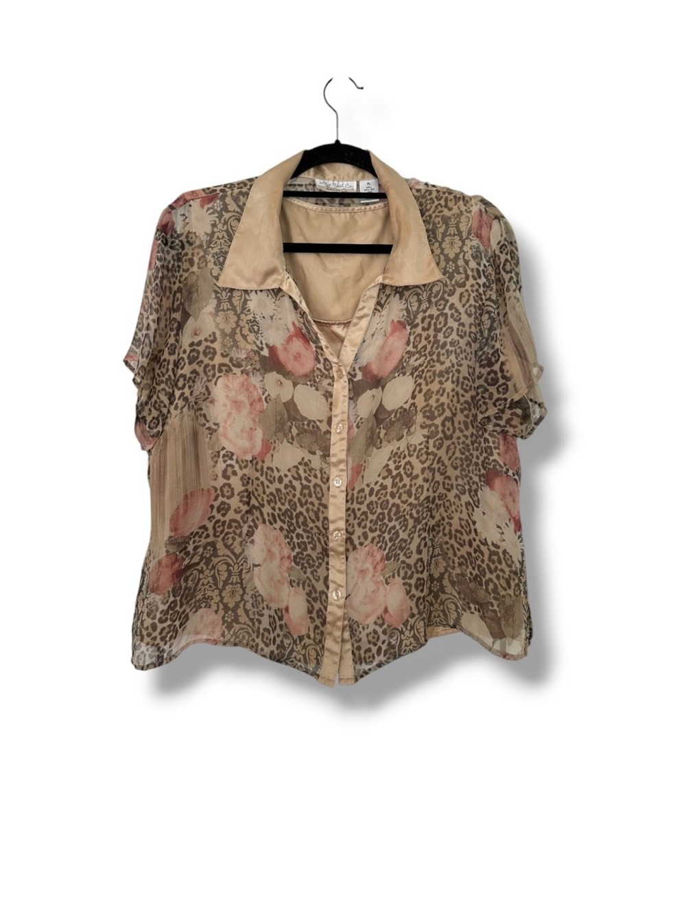 NYC Design Co Vintage 90s Silk Leopard Floral Print Chiffon Button Up Top XL